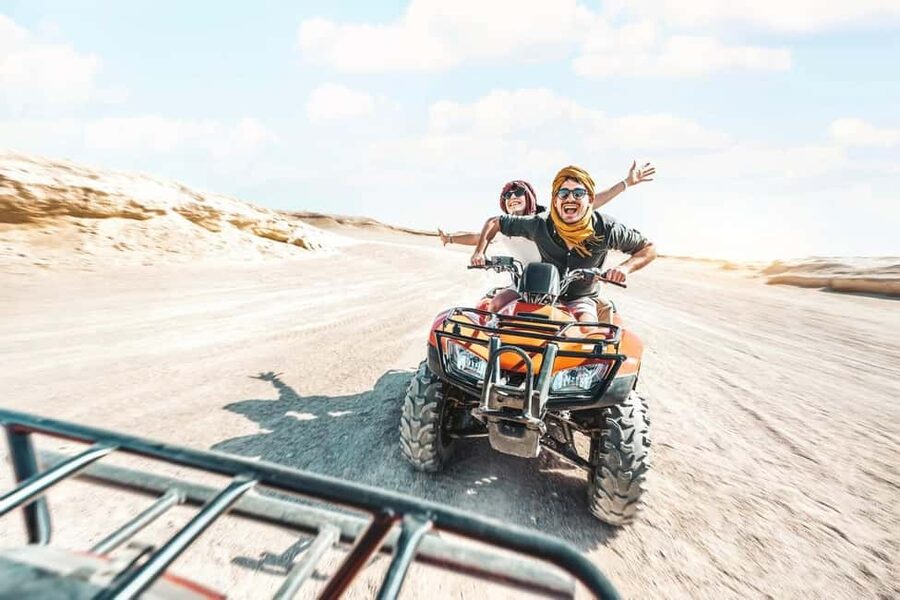 Hurghada: Mega Jeep safari, ATV & Bedouin vibe, and Dinner - Jeep tracks across rocky desert terrain