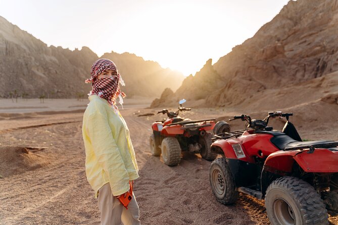 Hurghada: Quad, Jeep, Camel and Buggy Safari with BBQ Dinner - Sunset over the Red Sea hills